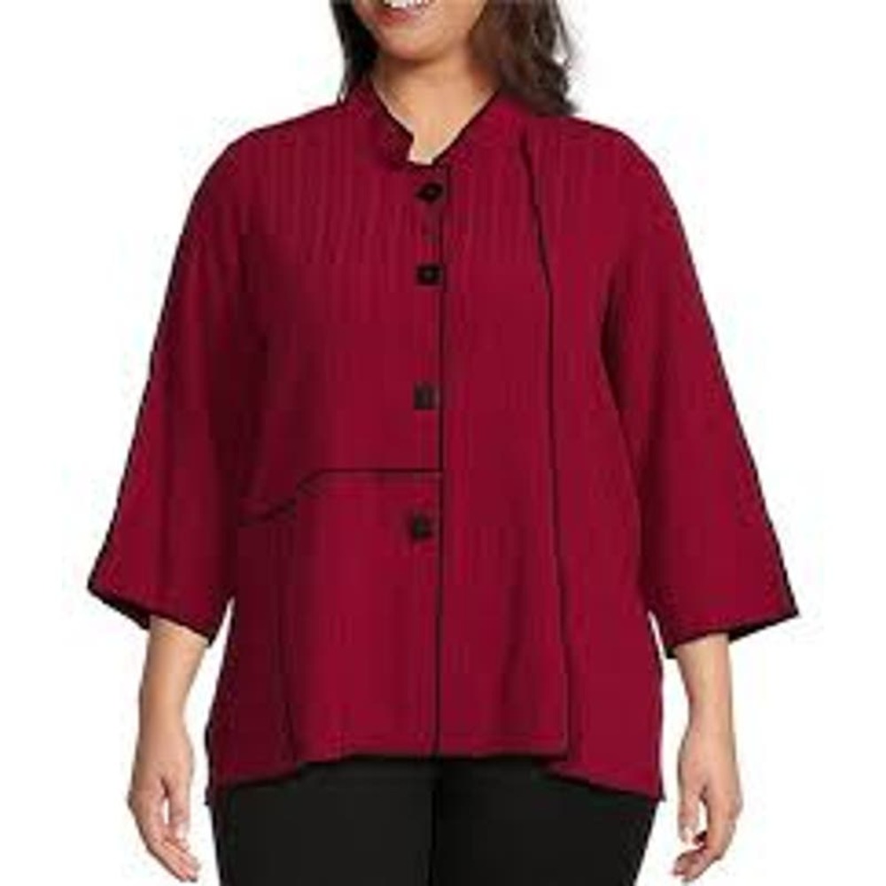 Ali Miles 3/4 Sleeve Tunic Top Size 2x Red Button Front Blouse Artsy Flowy